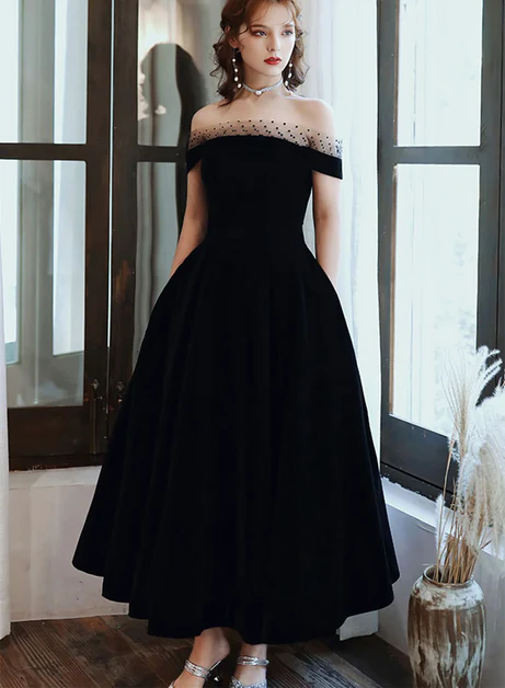 Black Velvet Ankle Length Off Shoulder Party Dress Homecoming Dress Evening Dress