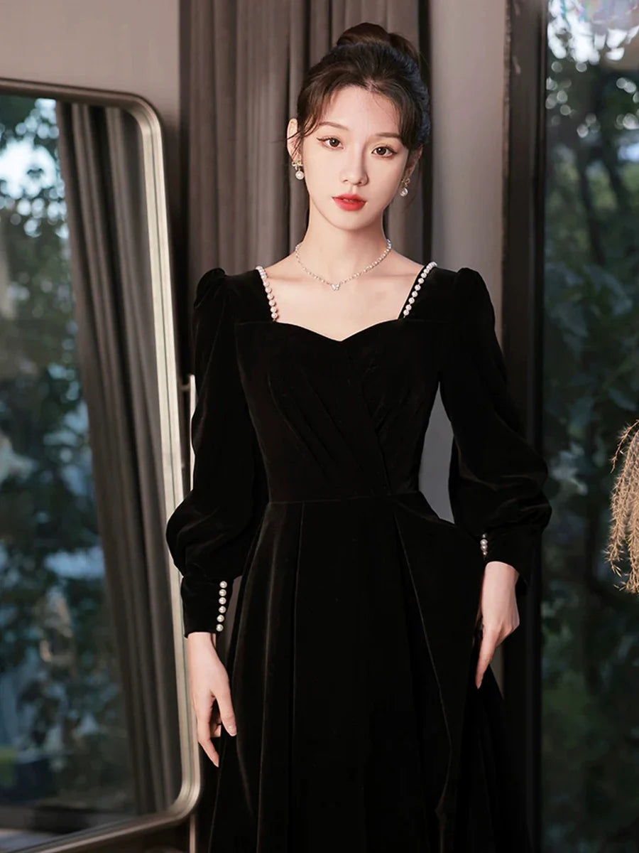 Black Velvet  Beaded Long Sleeve Full Length Formal Prom Dress A-Line Floor Length Evening Dress