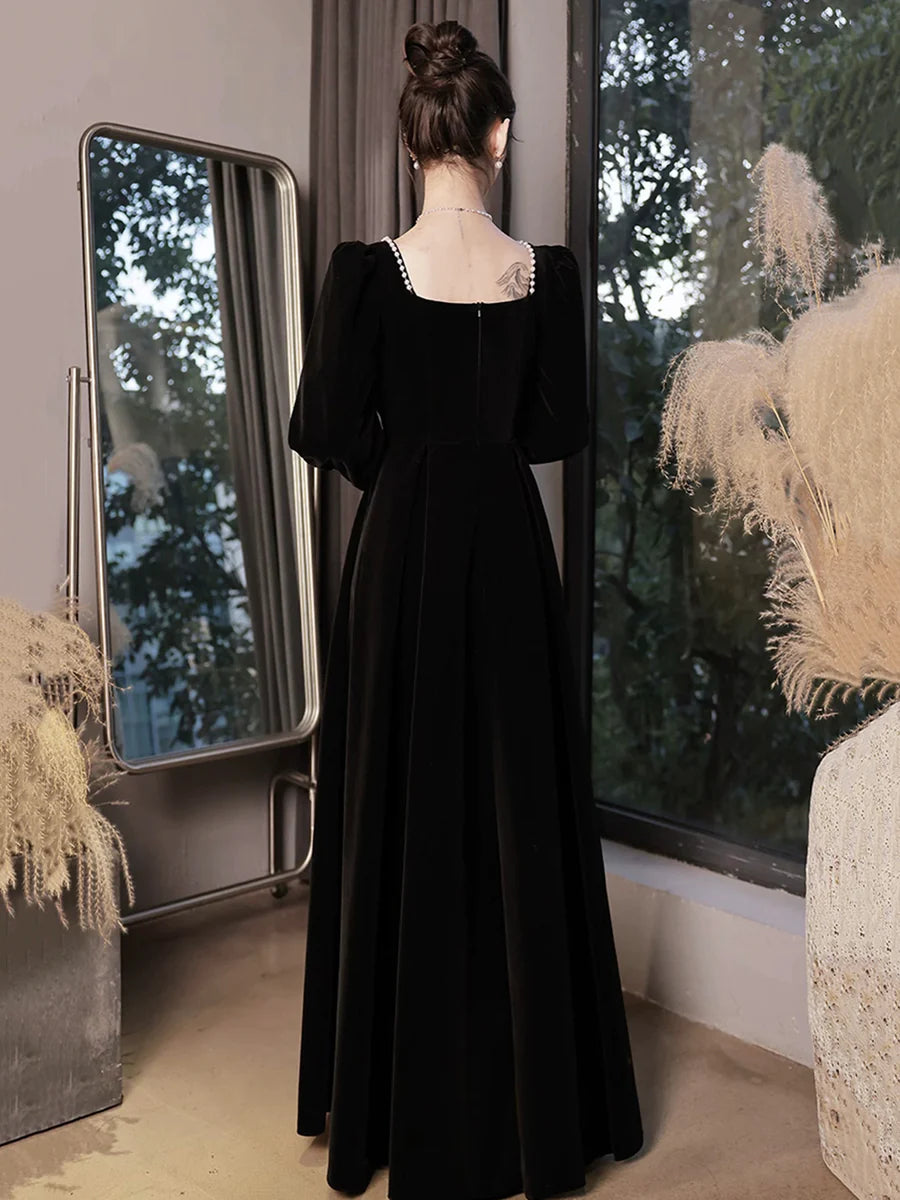 Black Velvet  Beaded Long Sleeve Full Length Formal Prom Dress A-Line Floor Length Evening Dress