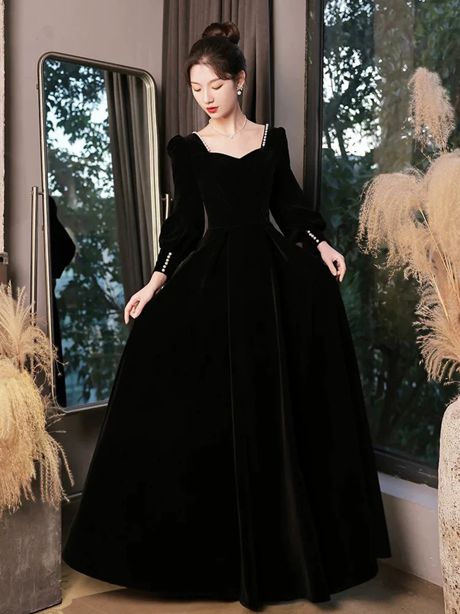 Black Velvet  Beaded Long Sleeve Full Length Formal Prom Dress A-Line Floor Length Evening Dress