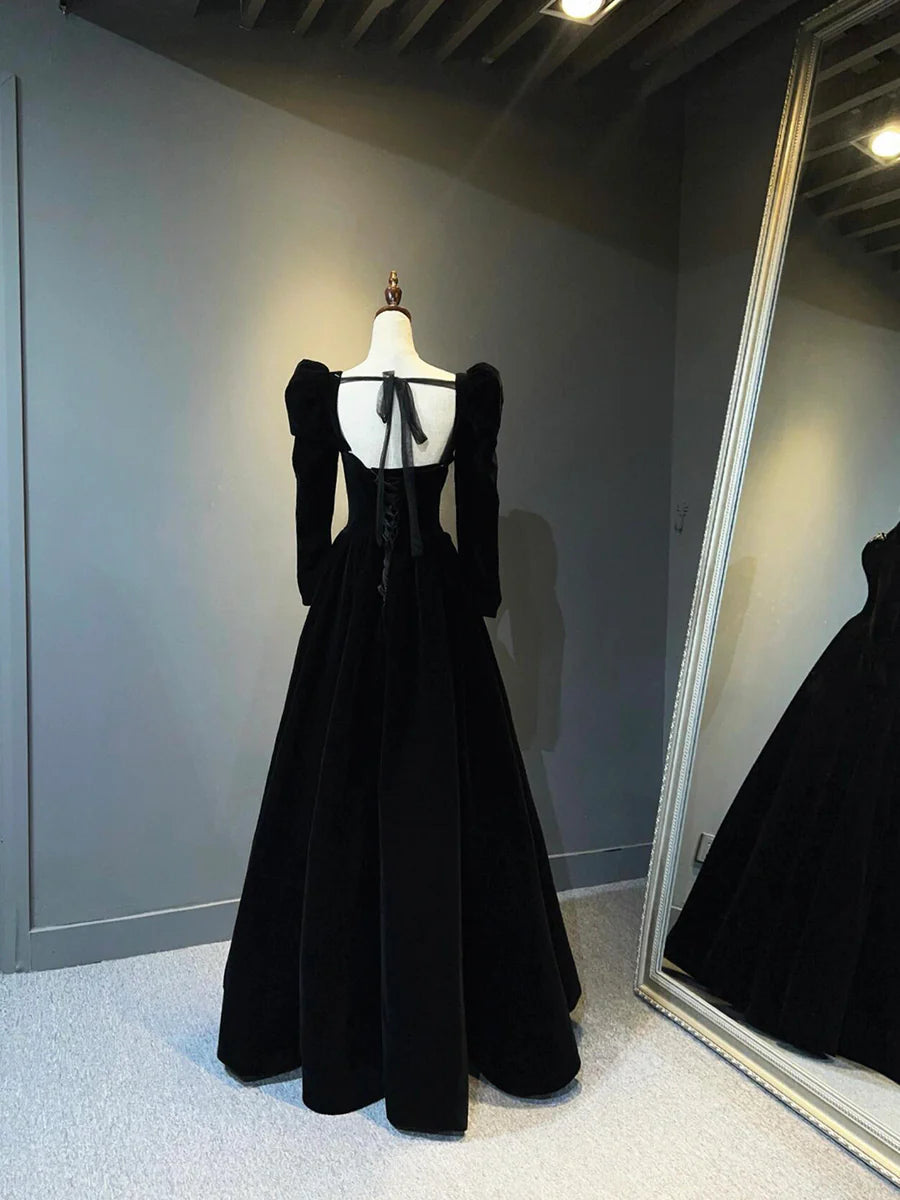 Black Velvet Sequins Sweetheart Long Sleeves Long Prom Dress A-Line Lace Up Evening Party Dress