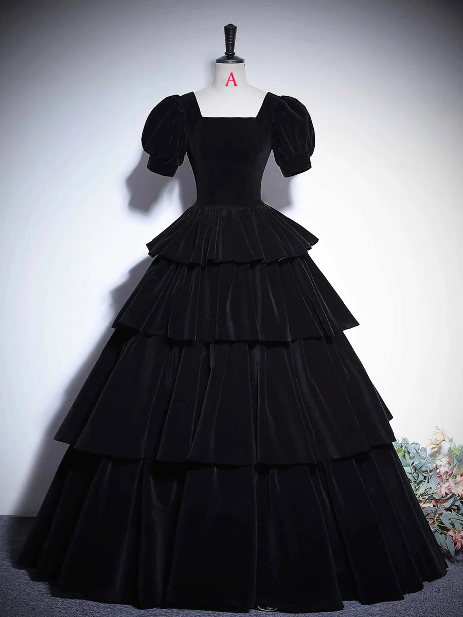 Black Velvet Tiered Square Neck Floor Length Prom Dress Elegant Short Sleeve Formal Evening Dress