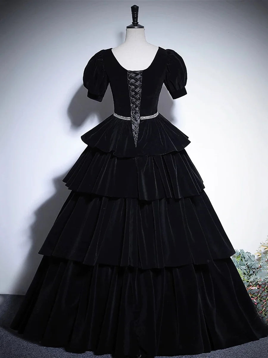 Black Velvet Tiered Square Neck Floor Length Prom Dress Elegant Short Sleeve Formal Evening Dress