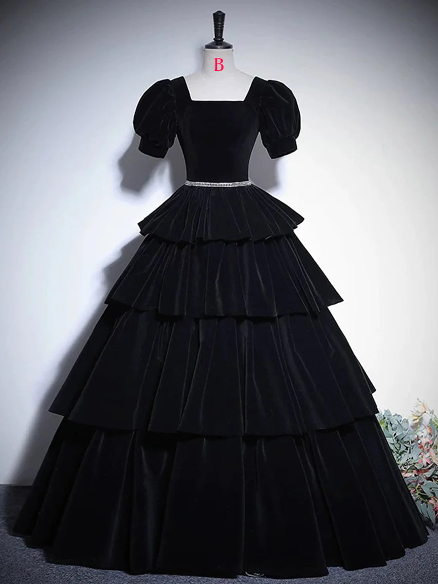 Black Velvet Tiered Square Neck Floor Length Prom Dress Elegant Short Sleeve Formal Evening Dress