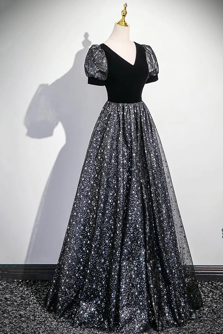 Black Velvet Tulle A-Line Short Sleeve Long Prom Dress Evening Party Dress