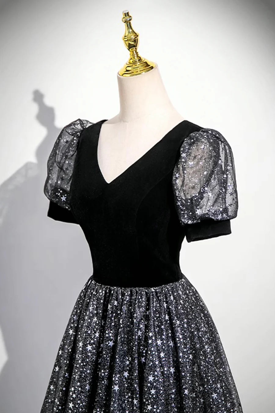 Black Velvet Tulle A-Line Short Sleeve Long Prom Dress Evening Party Dress