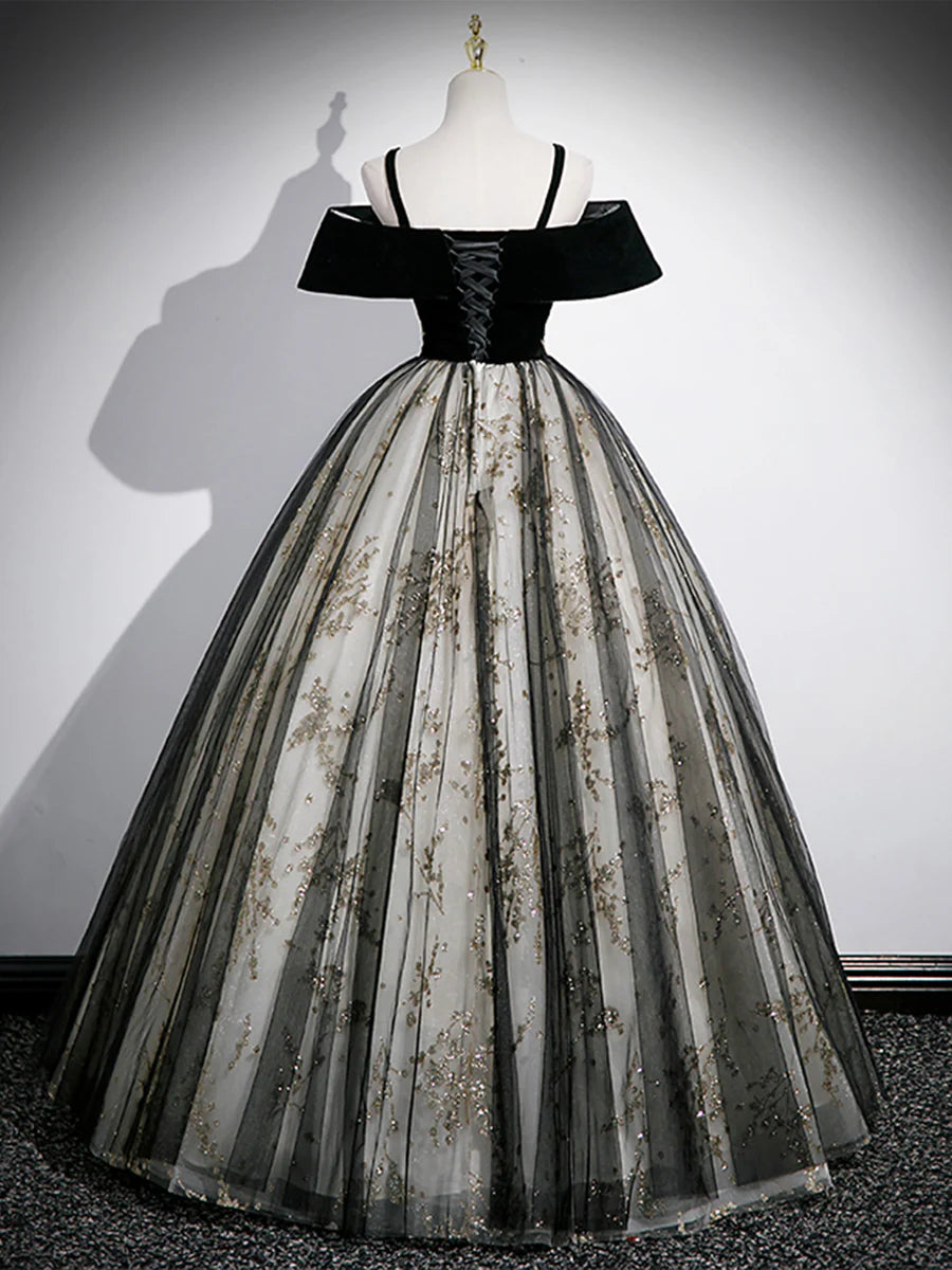 Black Velvet Tulle Sequins Off Shoulder Floor Length Prom Dress Evening Party Dress