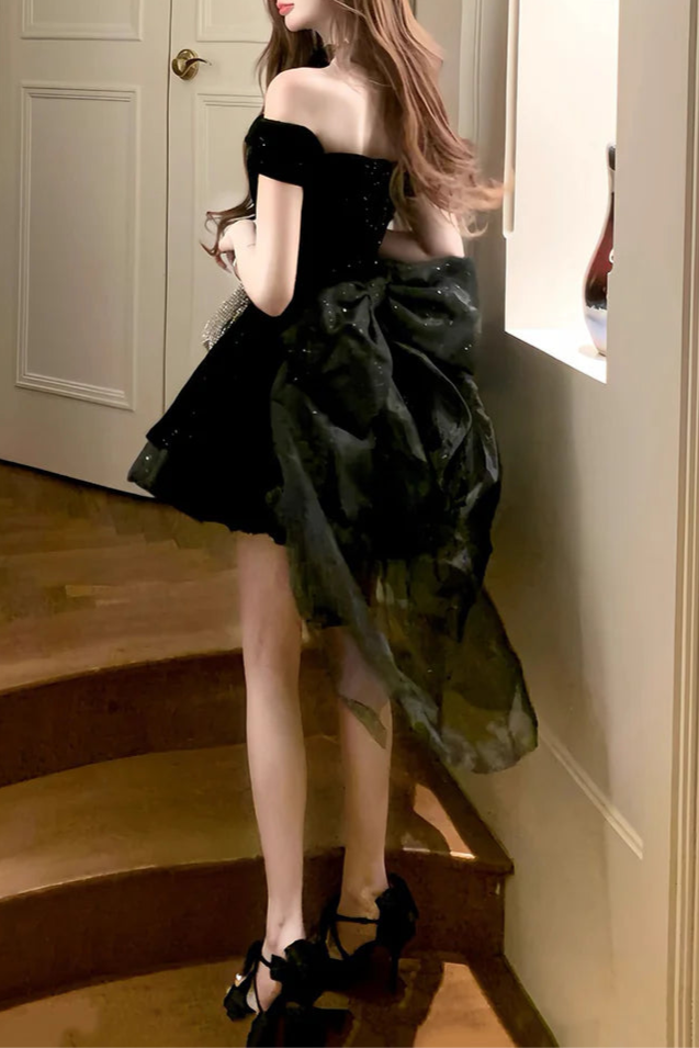 Black Velvet Tulle Sequins Short A-Line Prom Dress Lovely Off the Shoulder Party Dress