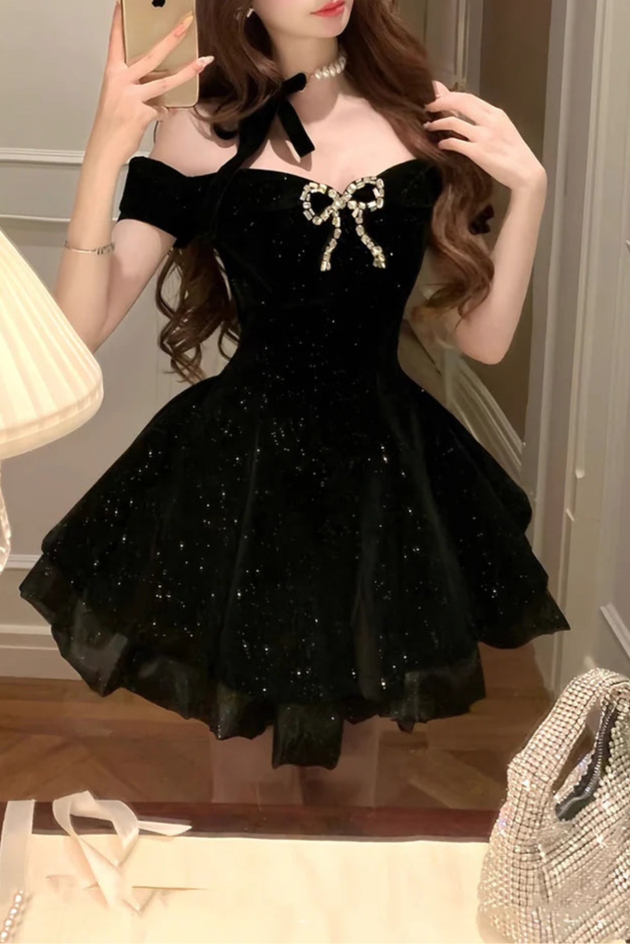Black Velvet Tulle Sequins Short A-Line Prom Dress Lovely Off the Shoulder Party Dress