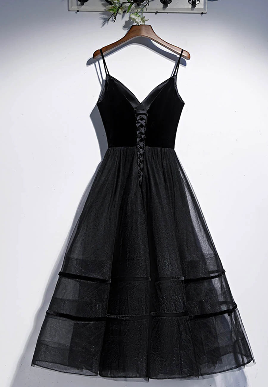 Black Velvet Tulle Spaghetti Straps V Neck Short Prom Dresses A-Line Party Dresses