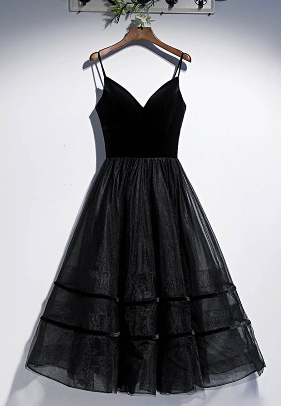 Black Velvet Tulle Spaghetti Straps V Neck Short Prom Dresses A-Line Party Dresses