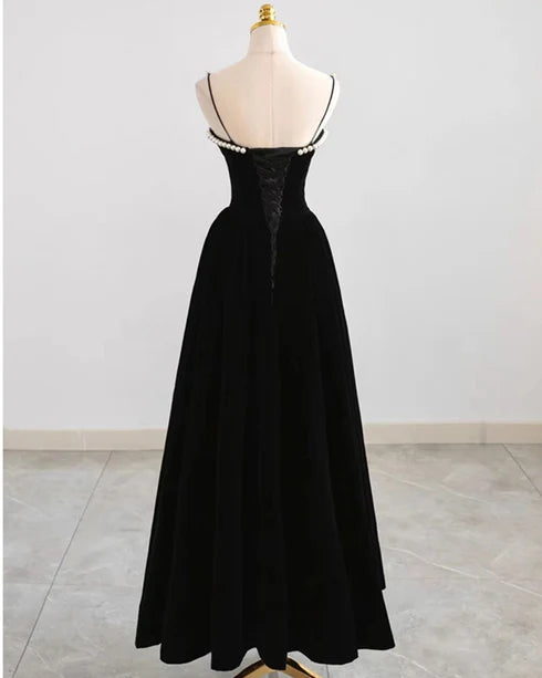 Black Velvet With Beaded A-line Spaghetti Straps Floor Length Party Dress Prom Dress Evening Dress