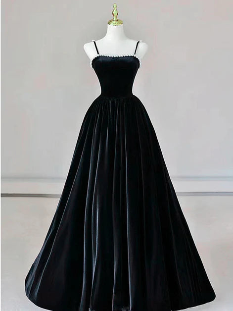 Black Velvet With Beaded A-line Spaghetti Straps Floor Length Party Dress Prom Dress Evening Dress