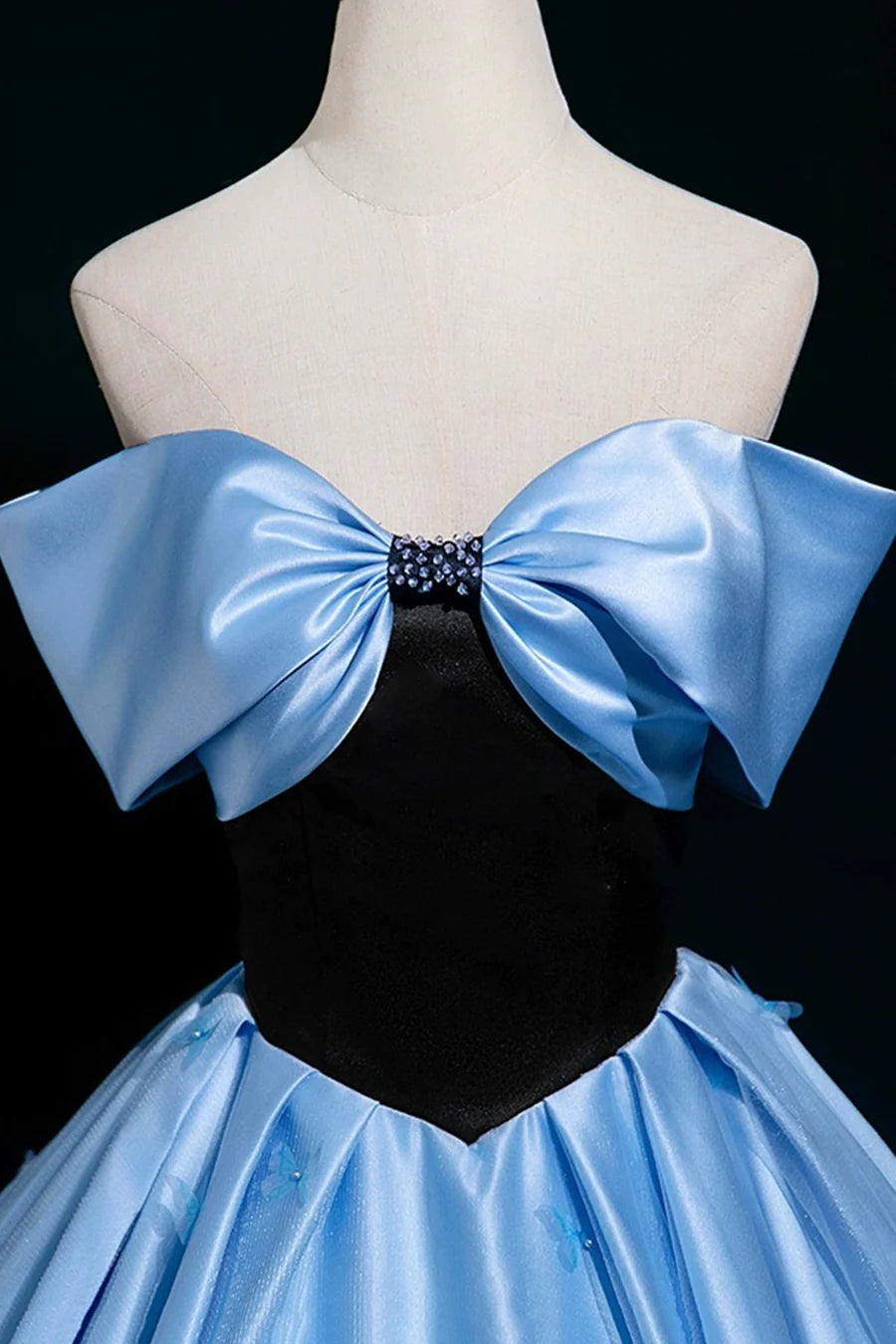 Black Velvet and Blue Satin Butterfly Off the Shoulder A-Line Long Prom Dress Party Dress