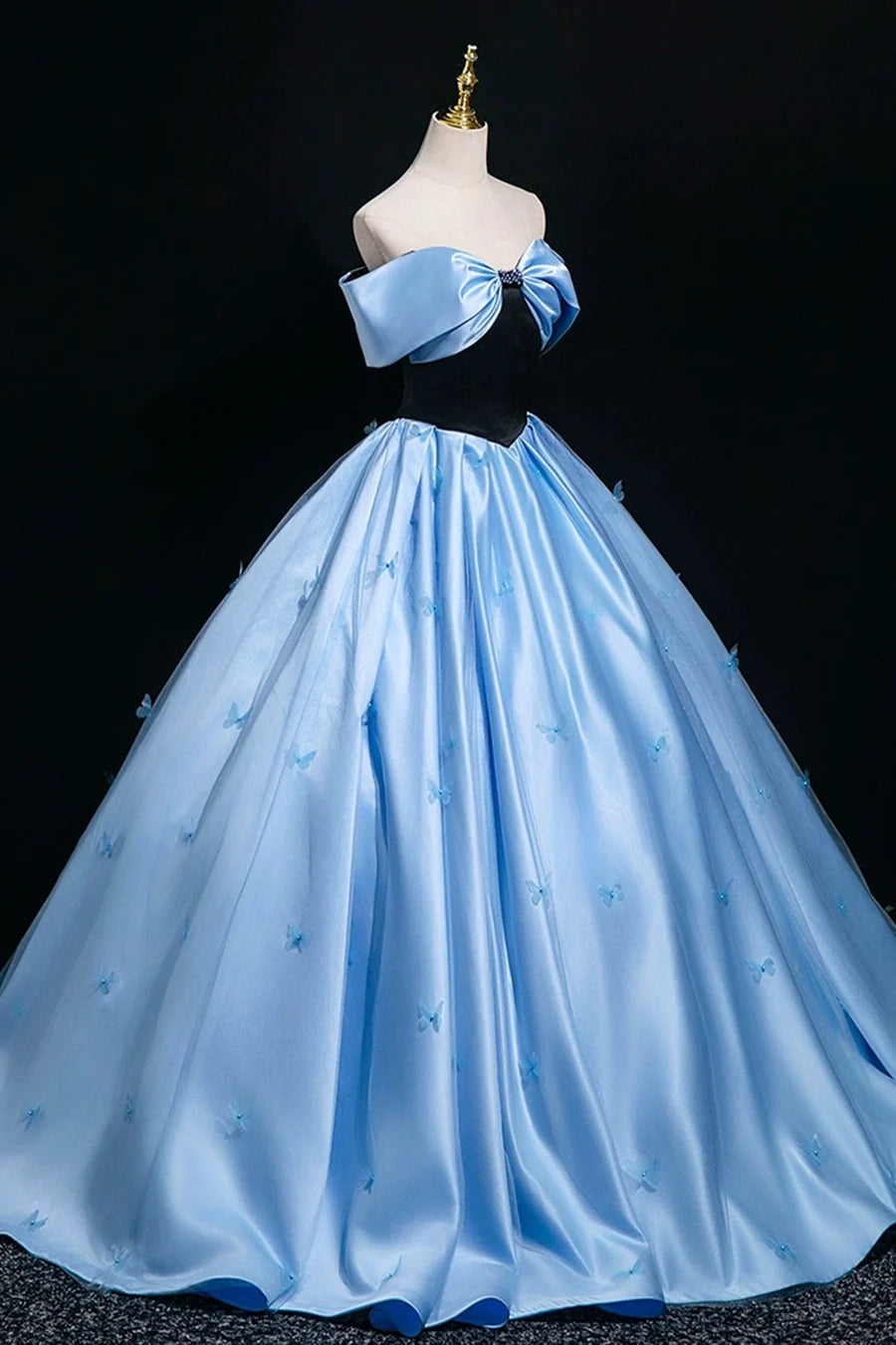Black Velvet and Blue Satin Butterfly Off the Shoulder A-Line Long Prom Dress Party Dress