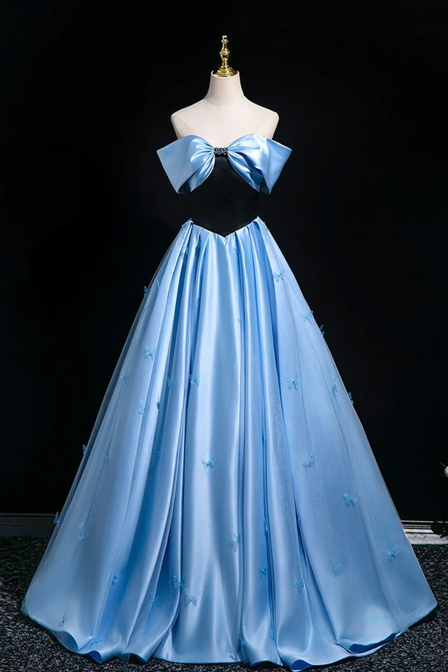 Black Velvet and Blue Satin Butterfly Off the Shoulder A-Line Long Prom Dress Party Dress