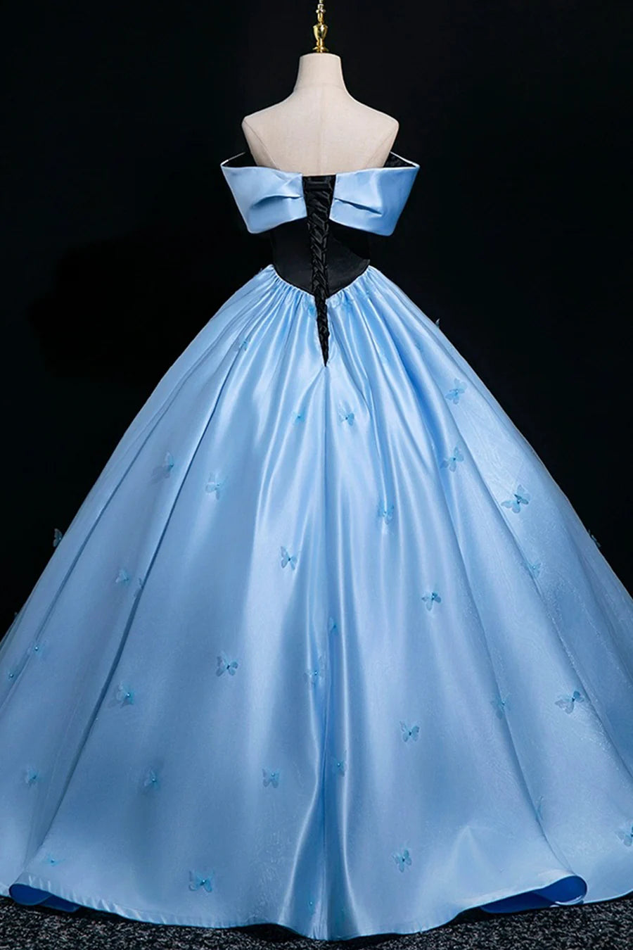 Black Velvet and Blue Satin Butterfly Off the Shoulder A-Line Long Prom Dress Party Dress