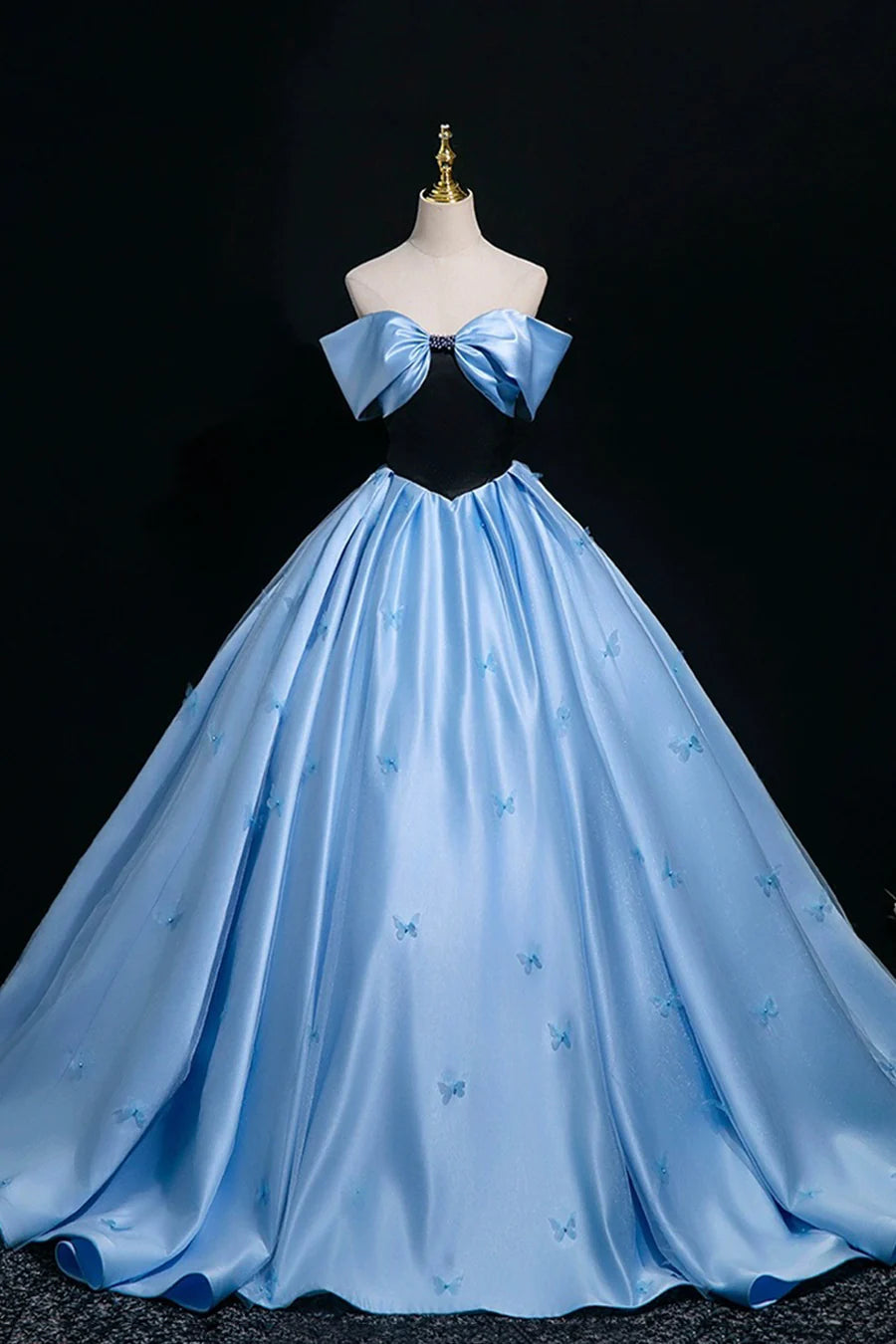 Black Velvet and Blue Satin Butterfly Off the Shoulder A-Line Long Prom Dress Party Dress