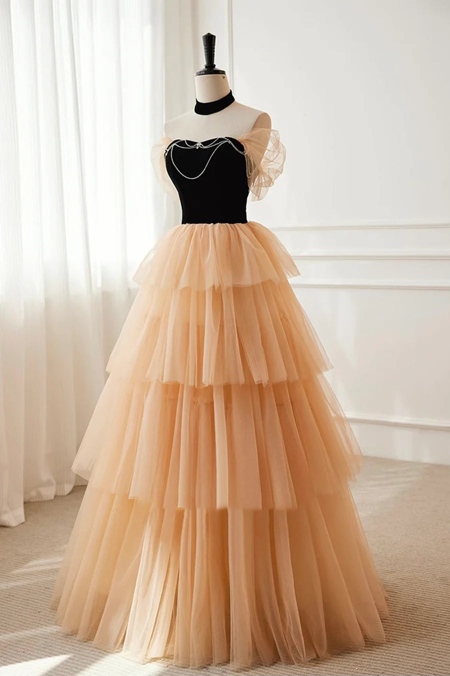 Black Velvet and Champagne Tulle Layers A-Line Long Party Dress Formal Dress
