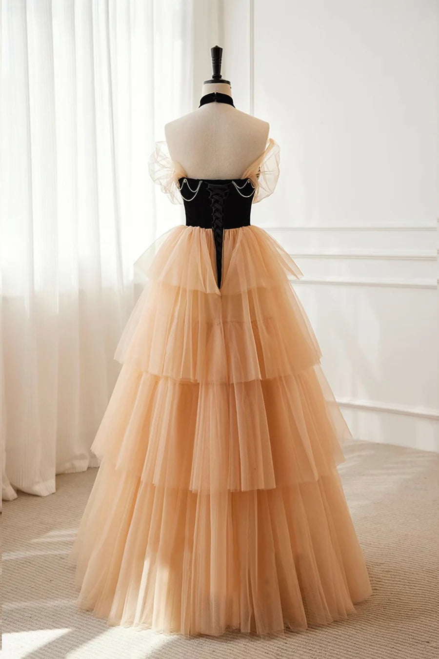 Black Velvet and Champagne Tulle Layers A-Line Long Party Dress Formal Dress