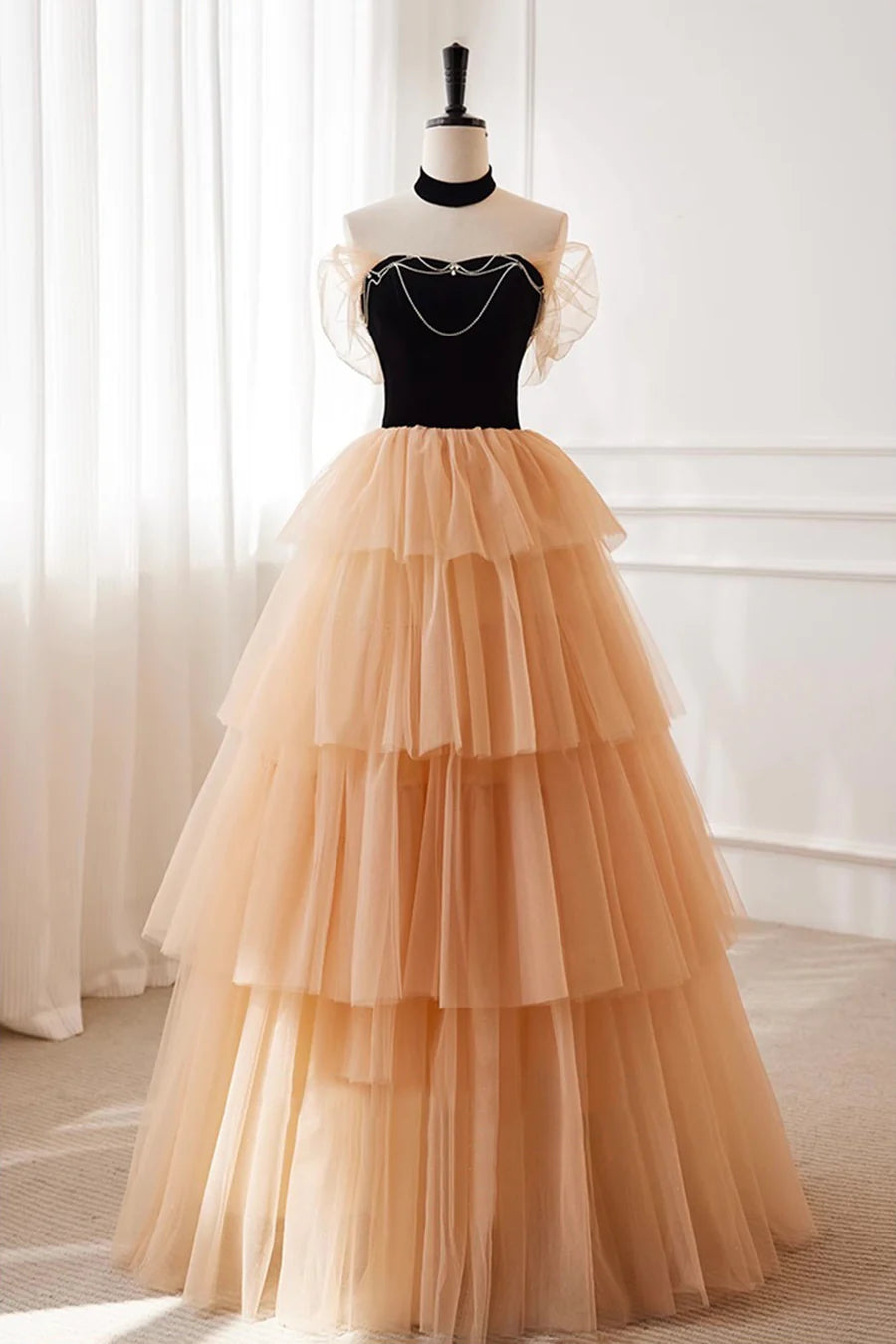 Black Velvet and Champagne Tulle Layers A-Line Long Party Dress Formal Dress