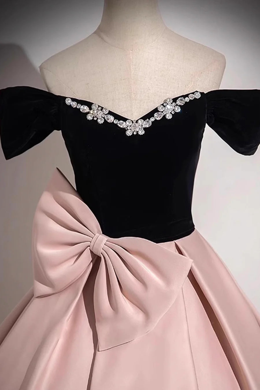 Black Velvet and Pink Satin With Bow Off Shoulder A-Line Long Prom Dress