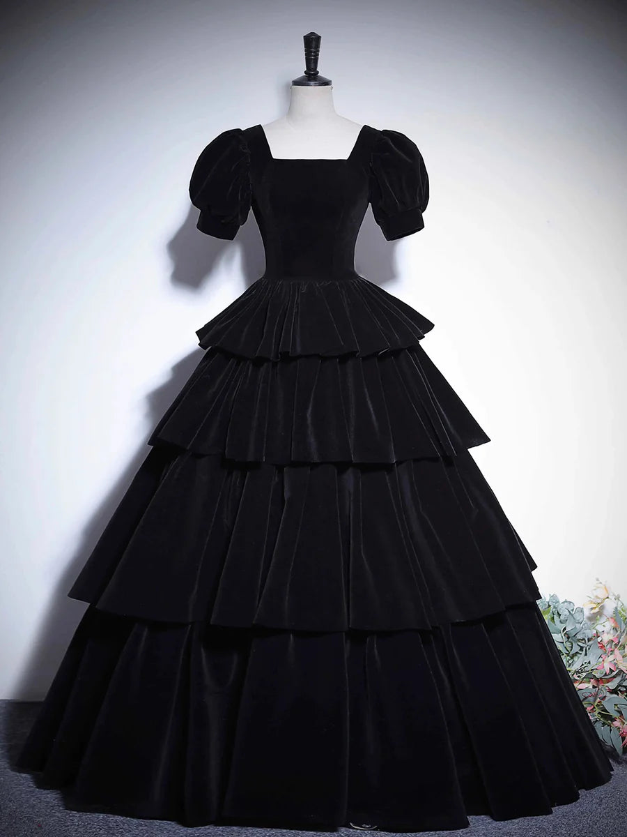 Black Velvet Tiered Square Neck Floor Length Prom Dress Elegant Short Sleeve Formal Evening Dress