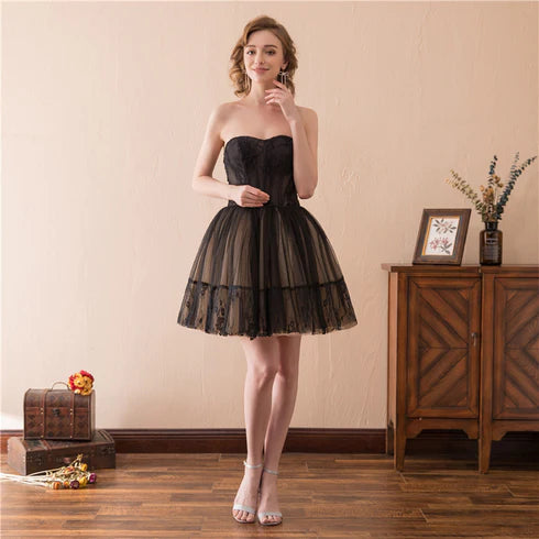 Black and Champagne Tulle Lace A-line Short Party Dress Homecoming Dresses