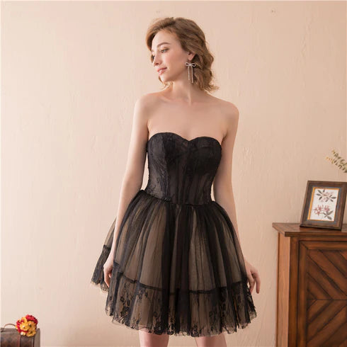 Black and Champagne Tulle Lace A-line Short Party Dress Homecoming Dresses