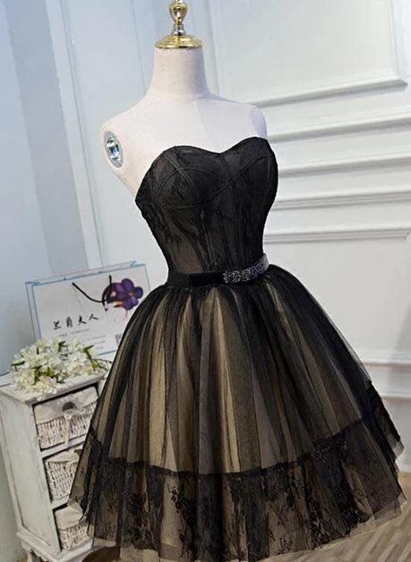 Black and Champagne Tulle Lace A-line Short Party Dress Homecoming Dresses