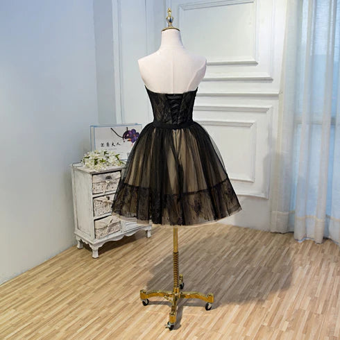 Black and Champagne Tulle Lace A-line Short Party Dress Homecoming Dresses