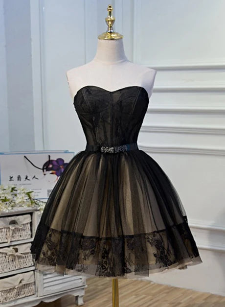 Black and Champagne Tulle Lace A-line Short Party Dress Homecoming Dresses