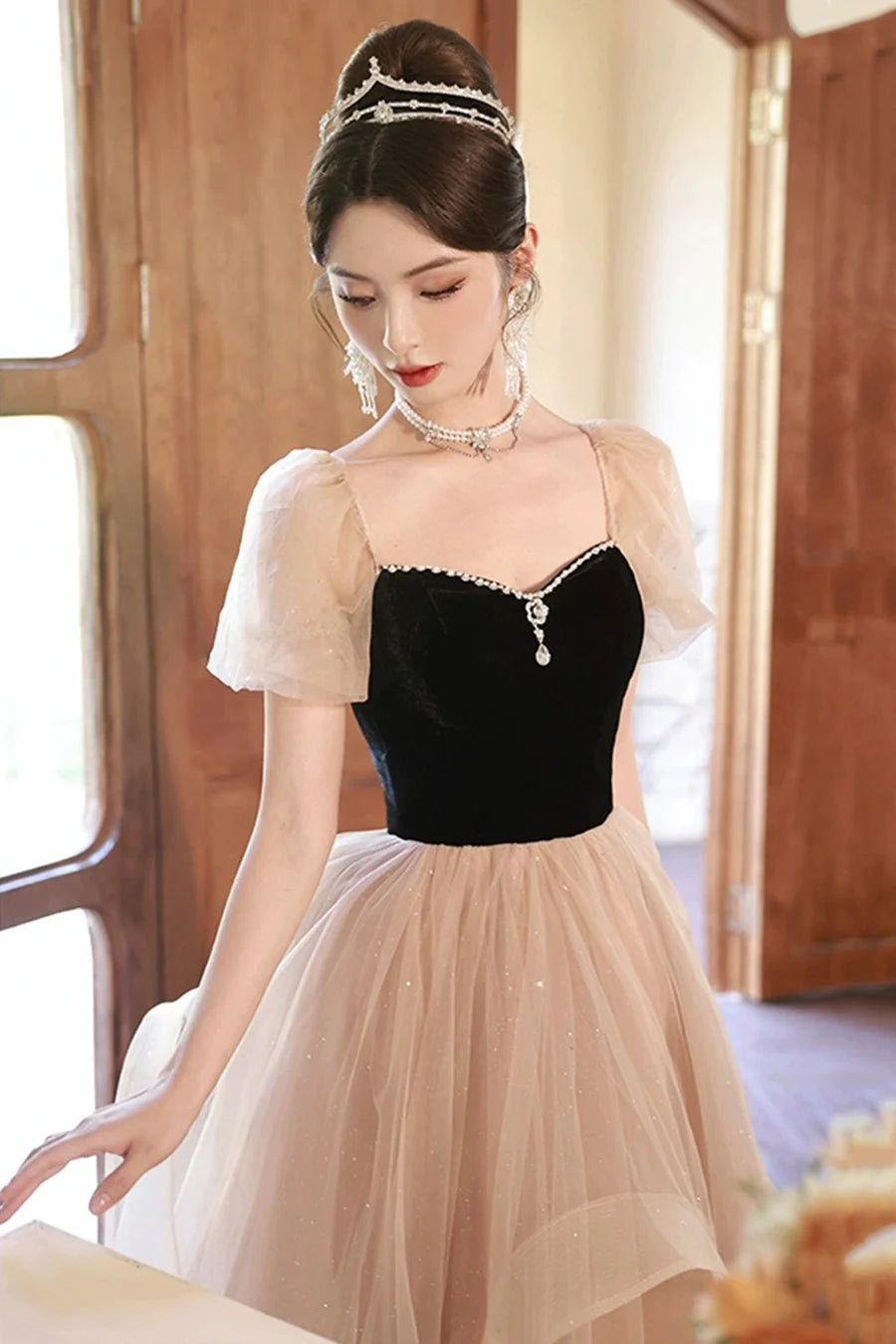 Black and Champagne Tulle Sweetheart Neck A-Line Long Party Dress Evening Dress