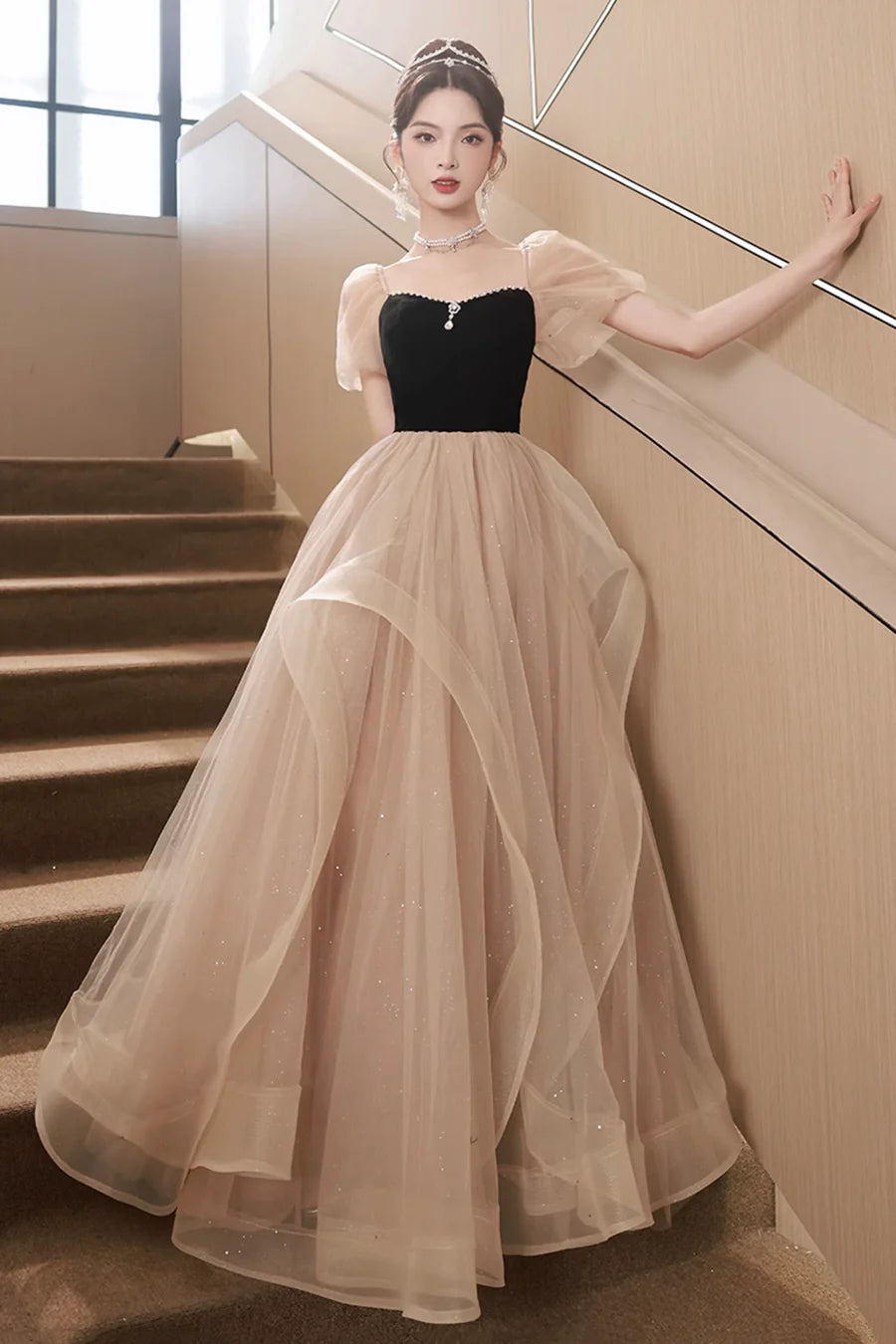Black and Champagne Tulle Sweetheart Neck A-Line Long Party Dress Evening Dress