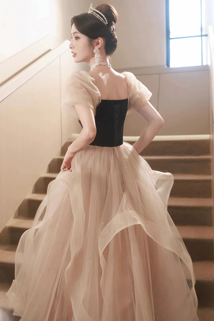 Black and Champagne Tulle Sweetheart Neck A-Line Long Party Dress Evening Dress