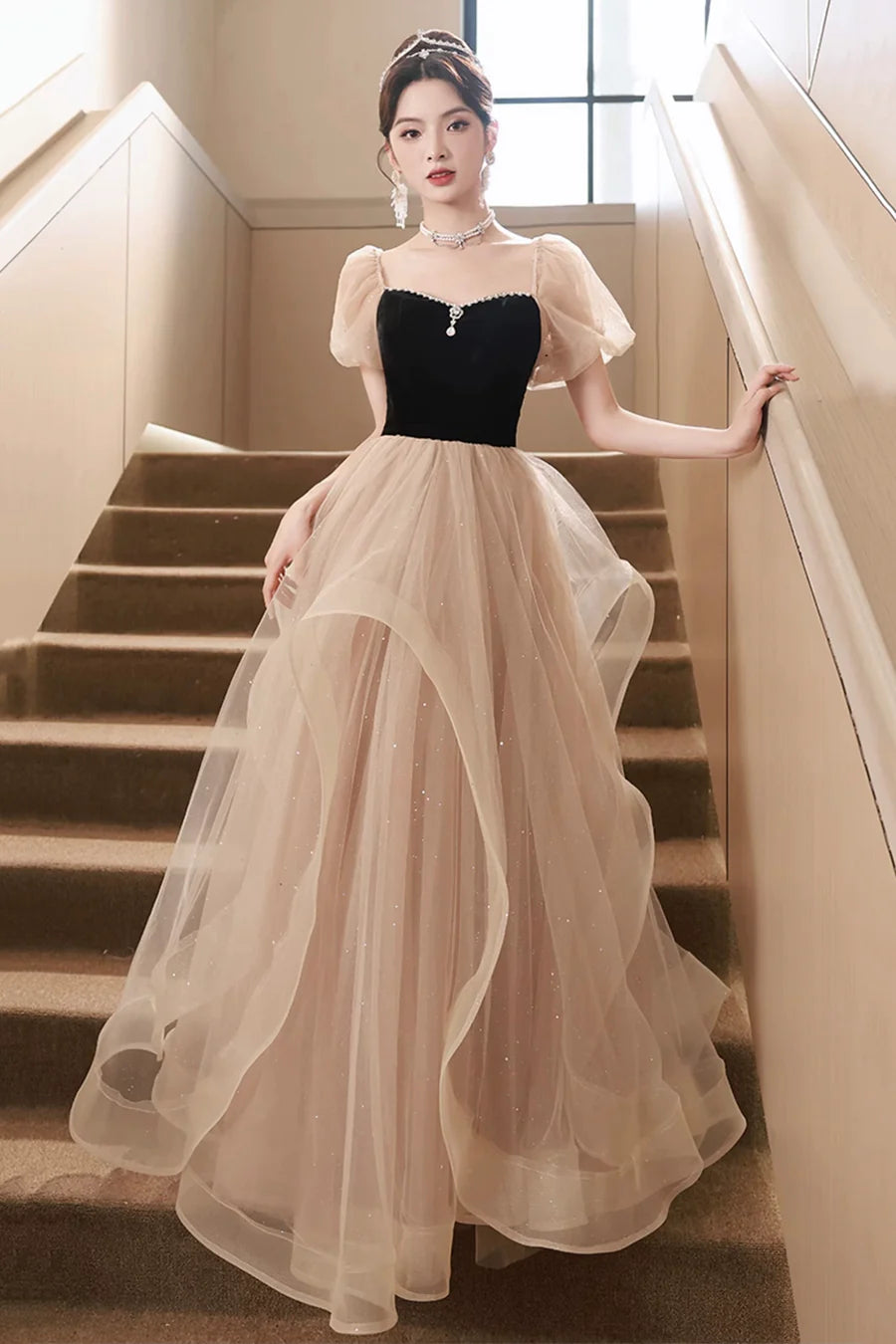 Black and Champagne Tulle Sweetheart Neck A-Line Long Party Dress Evening Dress