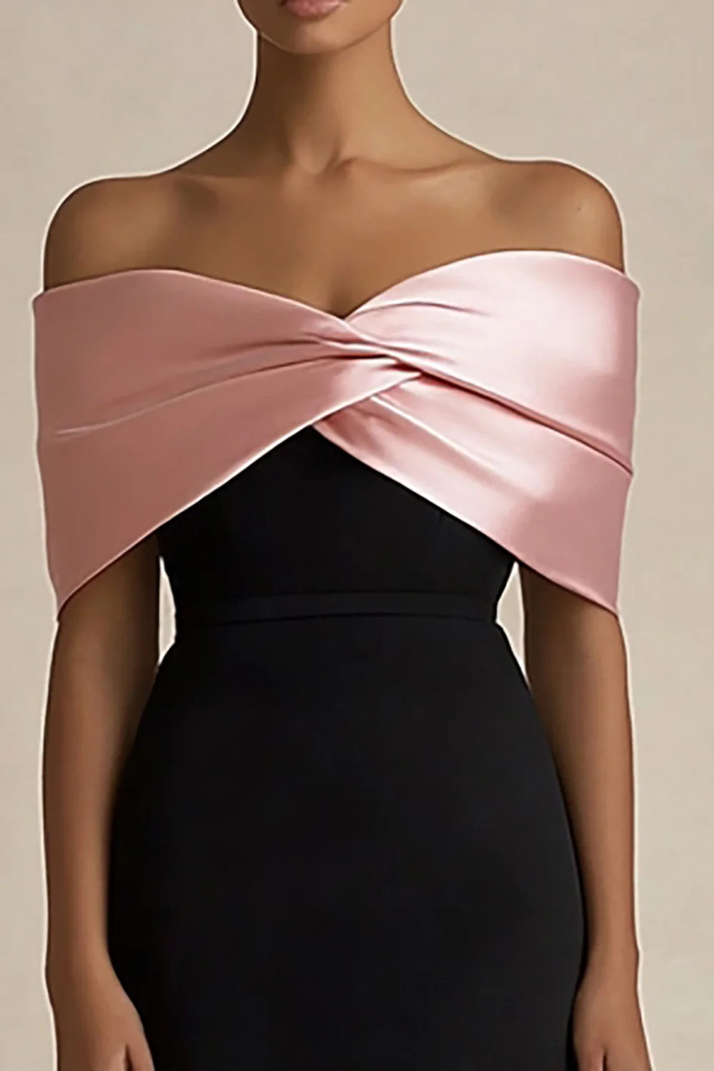 Black and Pink Satin Sheath Off the Shoulder Full Length Evening Dress Black and Pink Party Dress