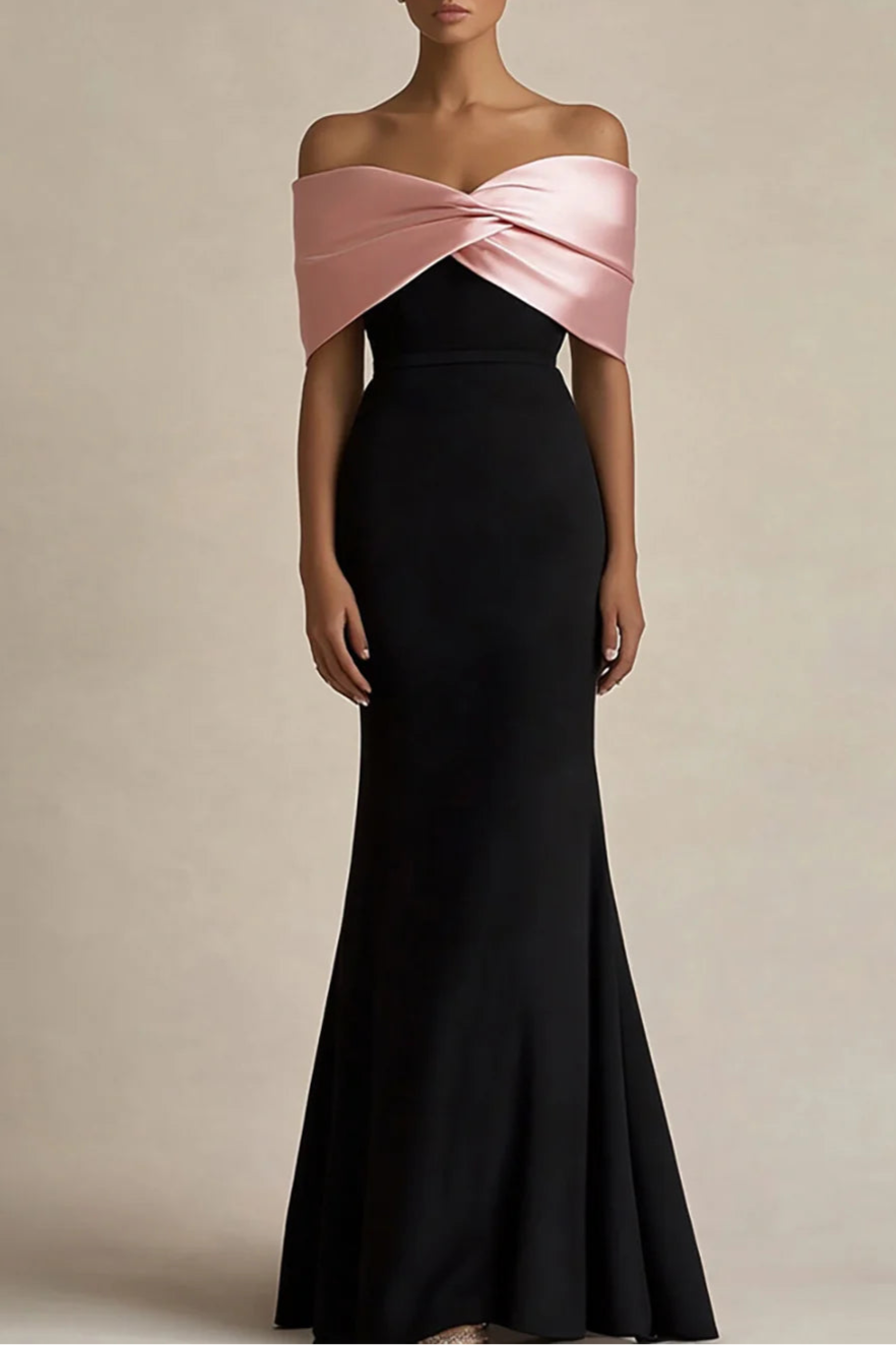 Black and Pink Satin Sheath Off the Shoulder Full Length Evening Dress Black and Pink Party Dress