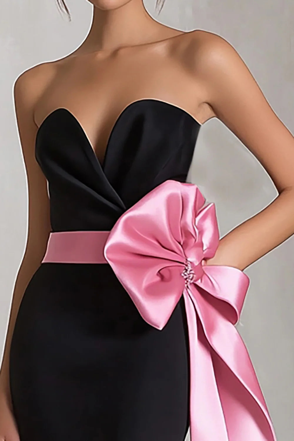 Black and Pink Satin V Neck Sheath Strapless Long Evening Dress With Bow Prom Dress