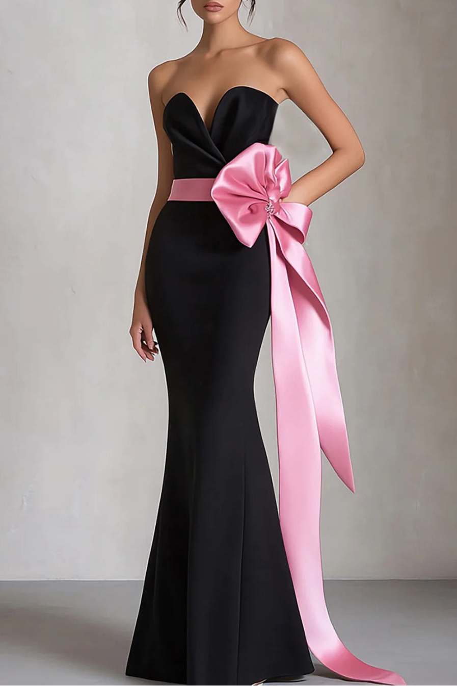 Black and Pink Satin V Neck Sheath Strapless Long Evening Dress With Bow Prom Dress