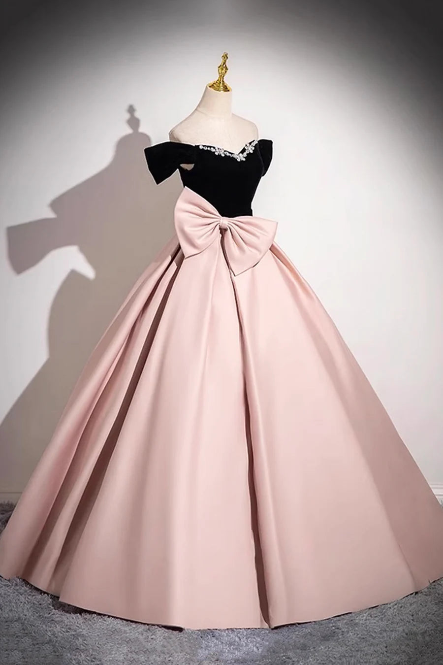 Black and Pink Velvet  Satin Long Prom Dress A-Line Off the Shoulder Party Dress With Bow