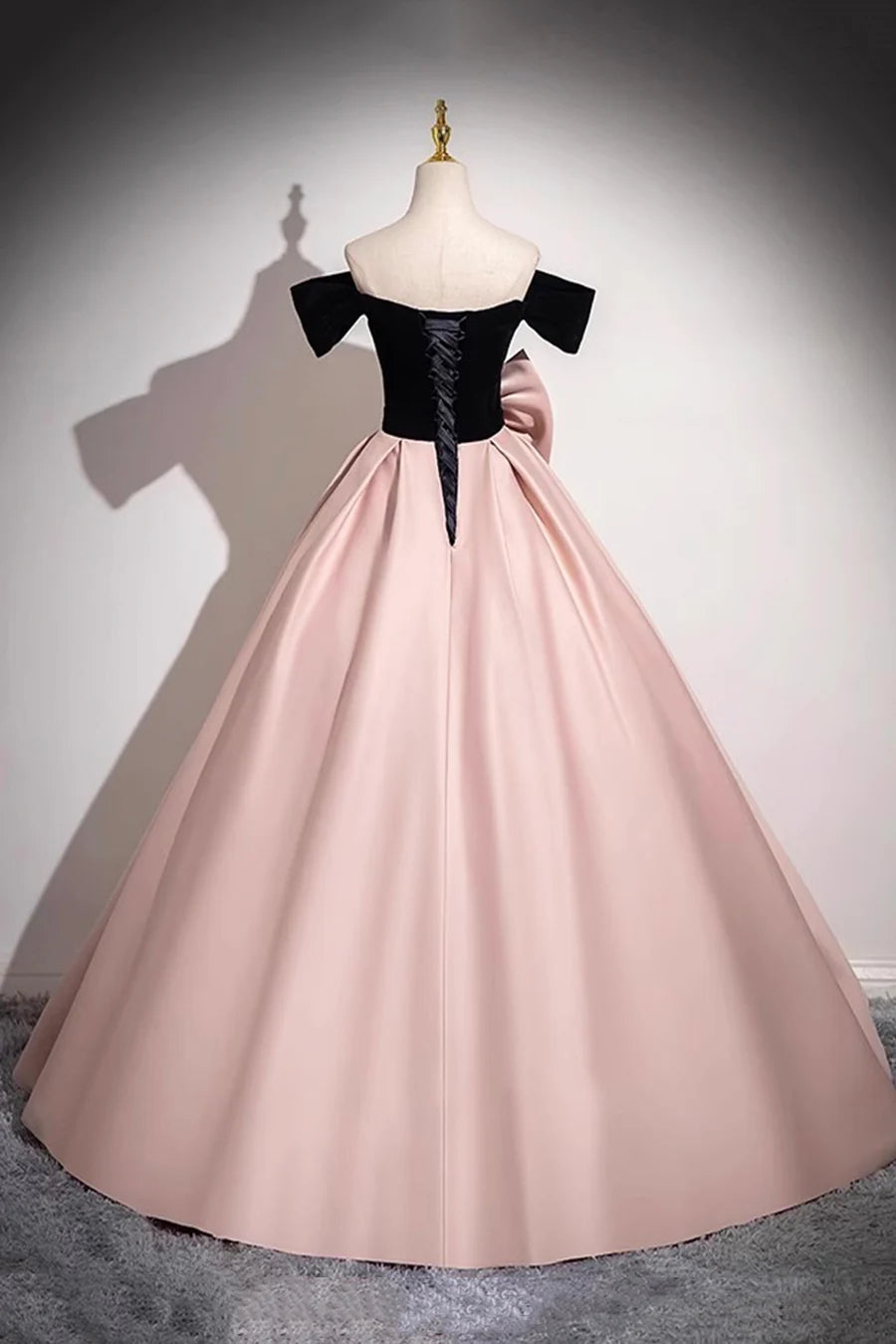 Black and Pink Velvet  Satin Long Prom Dress A-Line Off the Shoulder Party Dress With Bow