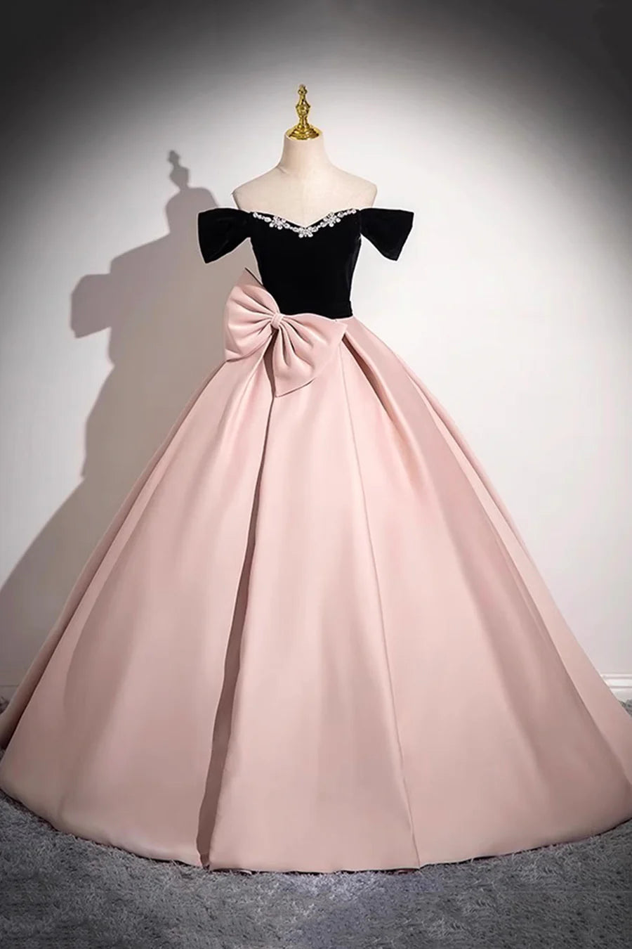 Black and Pink Velvet  Satin Long Prom Dress A-Line Off the Shoulder Party Dress With Bow