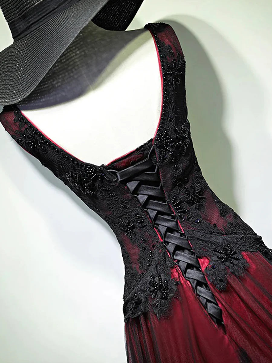 Black and Red Lace V-Neck A-Line Long Prom Dress Evening Party Dress