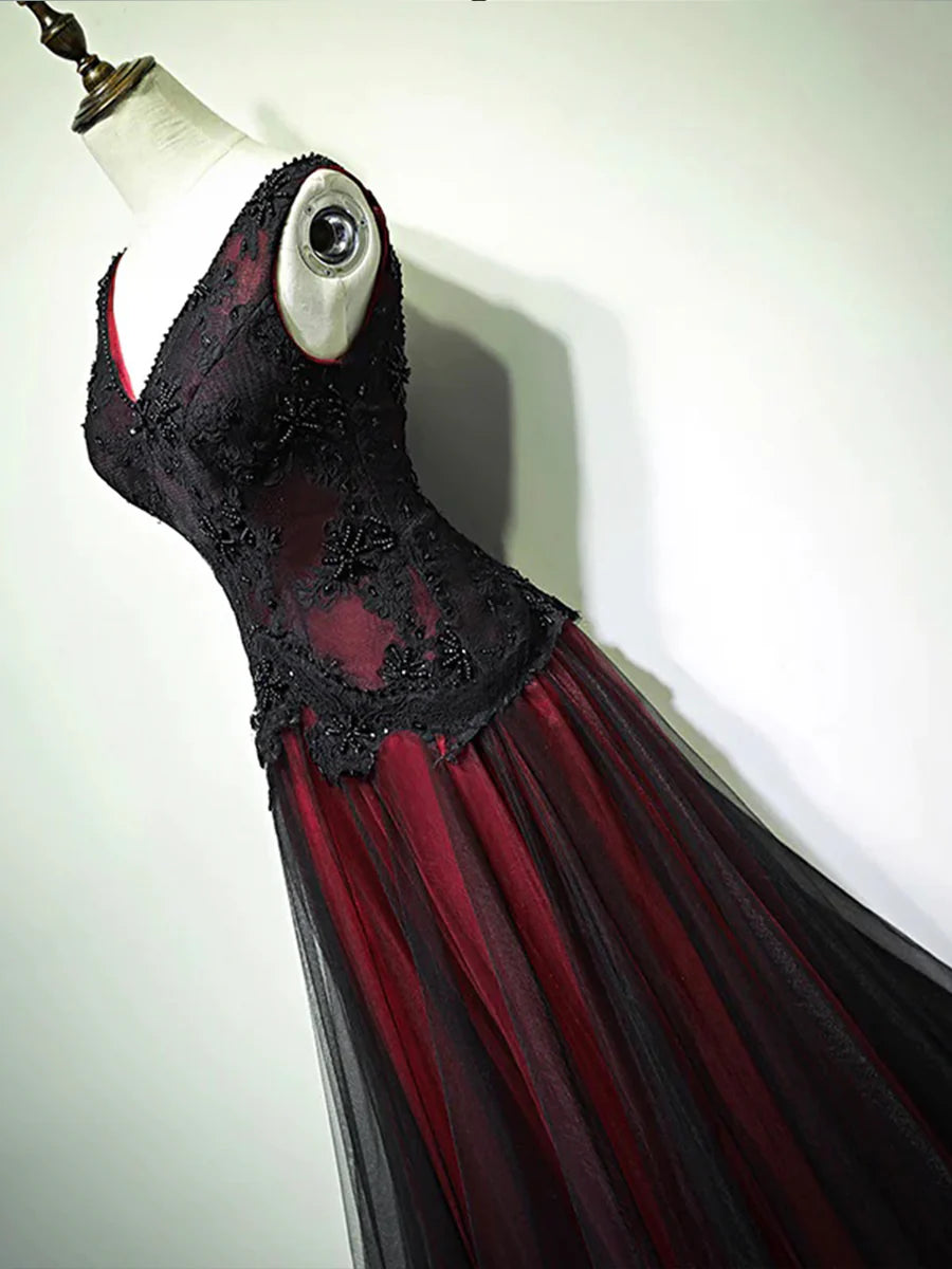 Black and Red Lace V-Neck A-Line Long Prom Dress Evening Party Dress