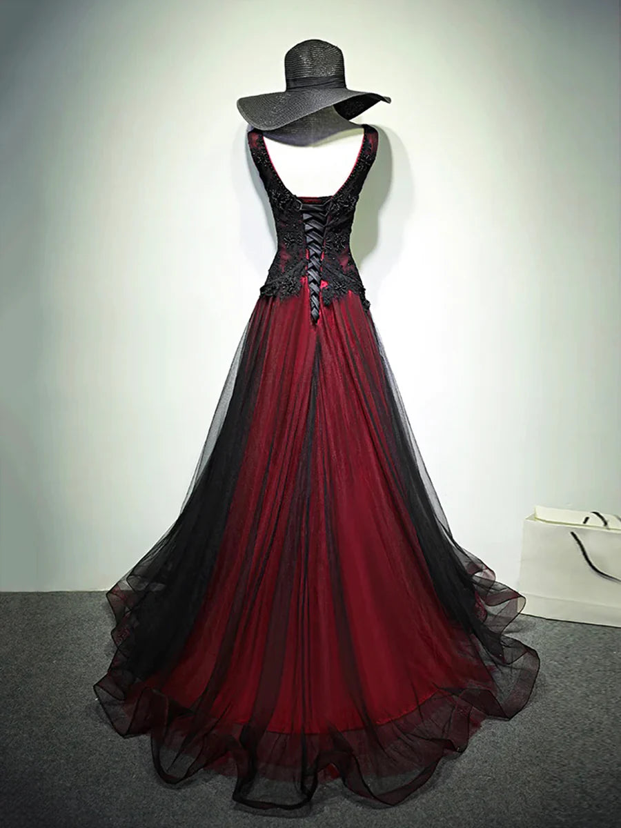Black and Red Lace V-Neck A-Line Long Prom Dress Evening Party Dress