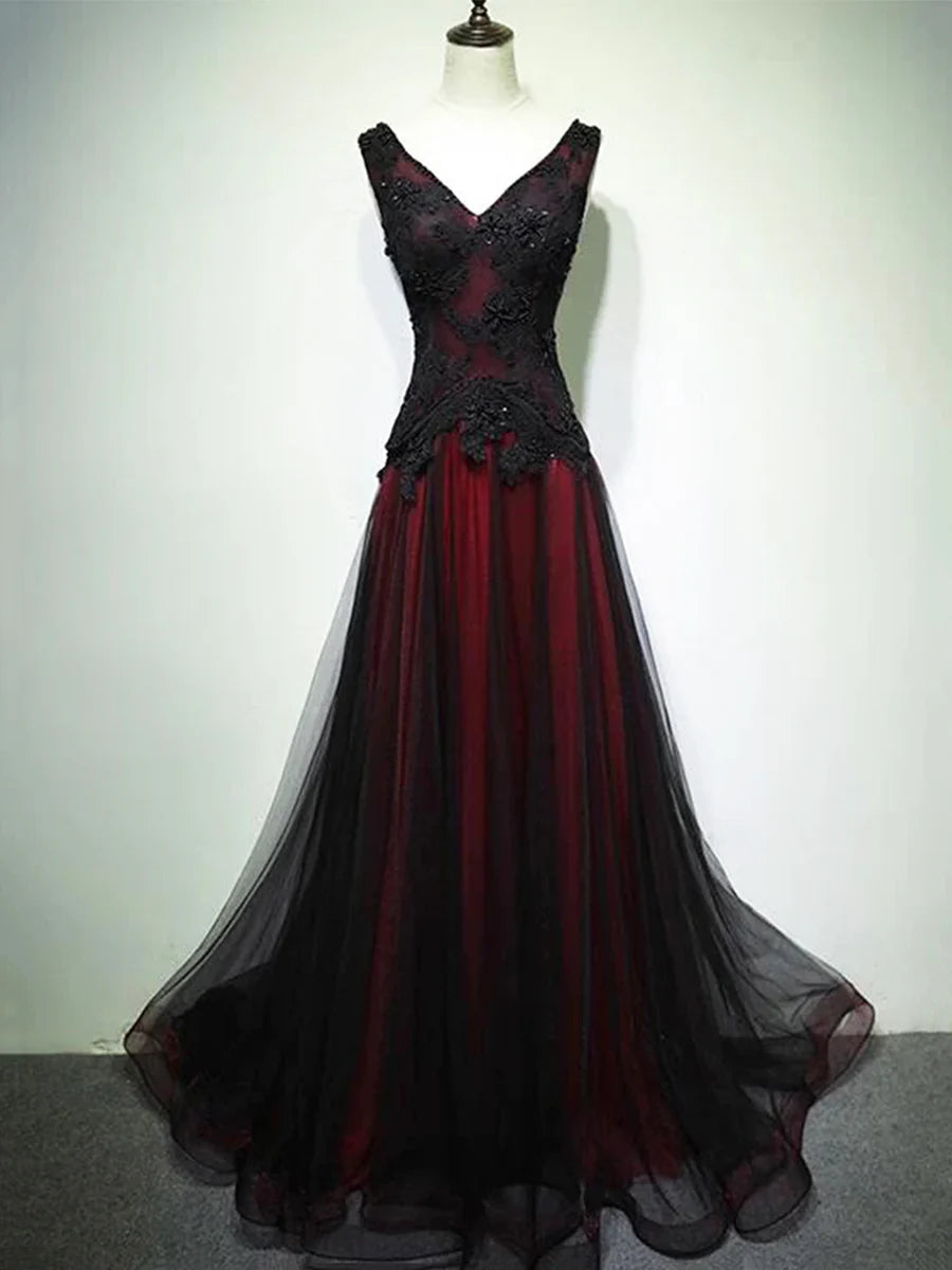 Black and Red Lace V-Neck A-Line Long Prom Dress Evening Party Dress