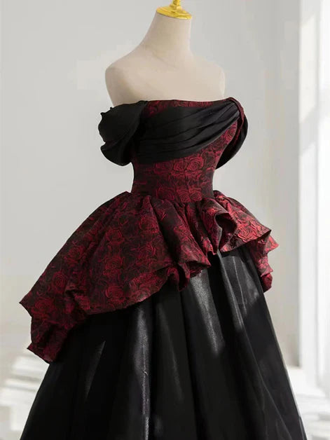 Black and Red Satin Floral Scoop A-line Long Formal Dress Prom Dress Evening Dress
