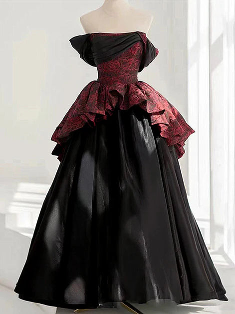 Black and Red Satin Floral Scoop A-line Long Formal Dress Prom Dress Evening Dress
