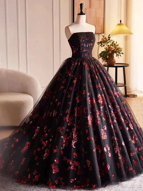 Black and Red Tulle Off-the-Shoulder A-line Scoop Party Dress Prom Dress